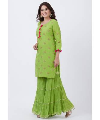 Parrot Green Cotton Embroidered Kurti with Sharara 1