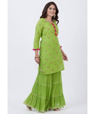 Parrot Green Cotton Embroidered Kurti with Sharara 2