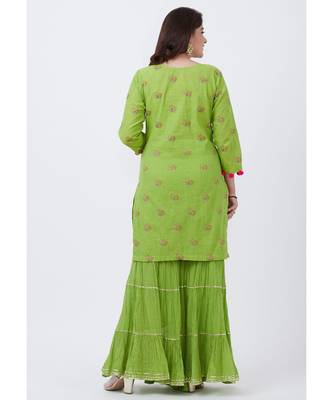 Parrot Green Cotton Embroidered Kurti with Sharara 3