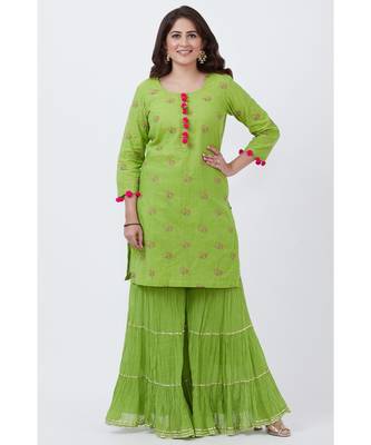 Parrot Green Cotton Embroidered Kurti with Sharara 4