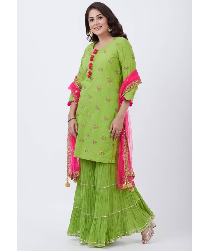 Parrot Green Cotton Embroidered Kurti with Sharara and Pink Net Dupatta