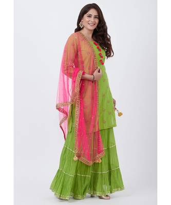 Parrot Green Cotton Embroidered Kurti with Sharara and Pink Net Dupatta 2