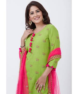 Parrot Green Cotton Embroidered Kurti with Sharara and Pink Net Dupatta 3