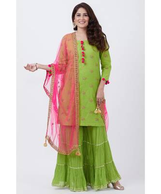 Parrot Green Cotton Embroidered Kurti with Sharara and Pink Net Dupatta 4