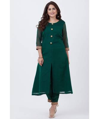 Bottle Green Kundan Button Down Kurti with Pants 1