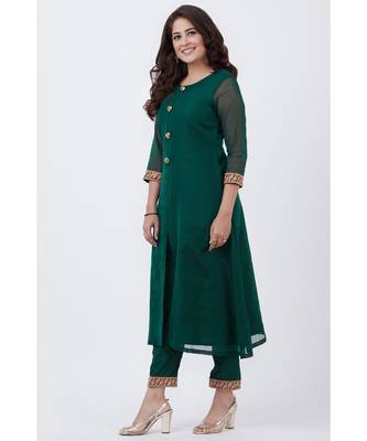 Bottle Green Kundan Button Down Kurti with Pants 2
