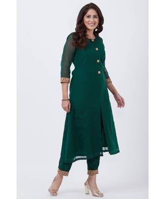 Bottle Green Kundan Button Down Kurti with Pants 3