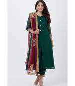 Bottle Green Kundan Button Down Kurti with Pants and Maroon Paisley Dupatta