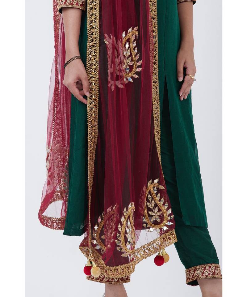 Bottle Green Kundan Button Down Kurti with Pants and Maroon Paisley Dupatta