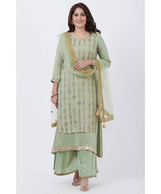 Dusty Green Georgette Double Layered Kurti with Palazzo and Net Mirror Dupatta 1