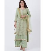 Dusty Green Georgette Double Layered Kurti with Palazzo and Net Mirror Dupatta
