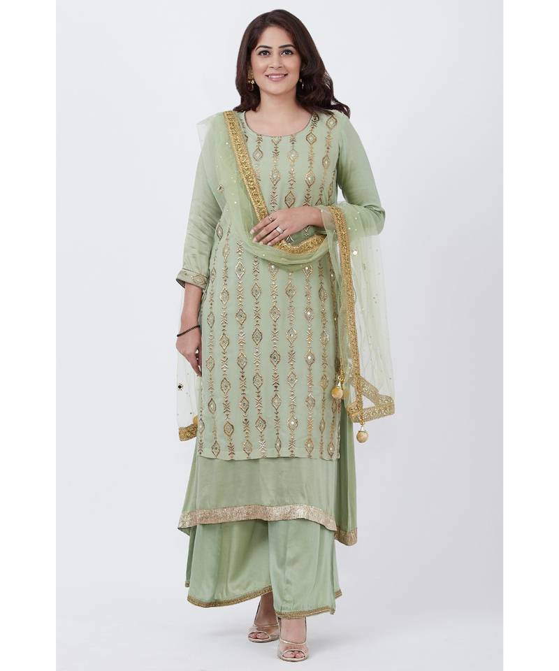 Dusty Green Georgette Double Layered Kurti with Palazzo and Net Mirror Dupatta