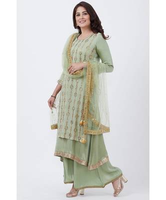 Dusty Green Georgette Double Layered Kurti with Palazzo and Net Mirror Dupatta 2