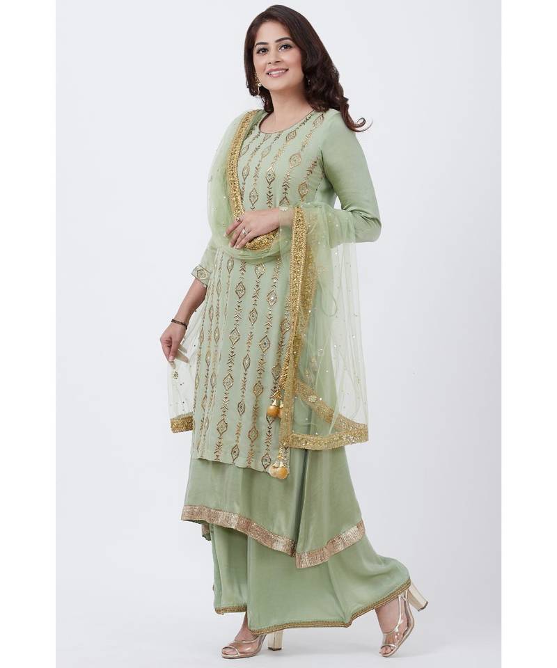 Dusty Green Georgette Double Layered Kurti with Palazzo and Net Mirror Dupatta