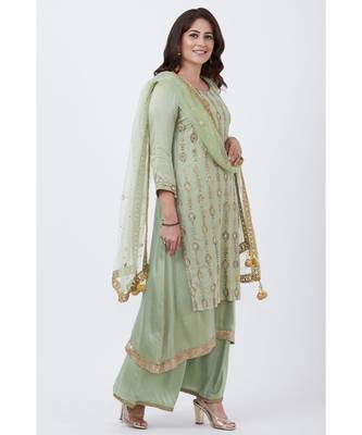 Dusty Green Georgette Double Layered Kurti with Palazzo and Net Mirror Dupatta 3