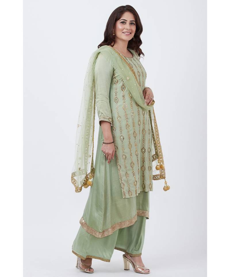 Dusty Green Georgette Double Layered Kurti with Palazzo and Net Mirror Dupatta