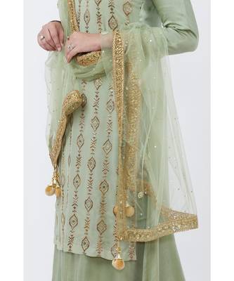 Dusty Green Georgette Double Layered Kurti with Palazzo and Net Mirror Dupatta 4