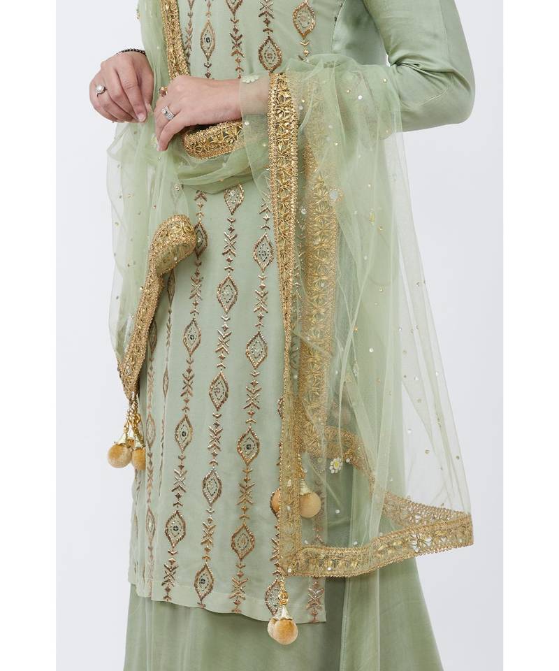 Dusty Green Georgette Double Layered Kurti with Palazzo and Net Mirror Dupatta