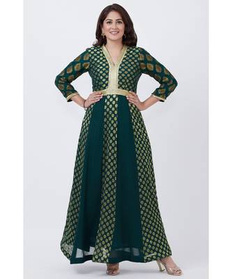 Green Banarsi Plunging Neckline Floor length Kurti 1
