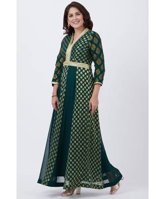 Green Banarsi Plunging Neckline Floor length Kurti 2