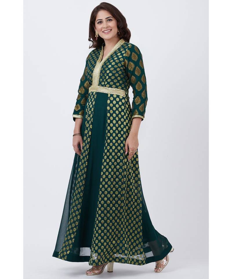 Green Banarsi Plunging Neckline Floor length Kurti