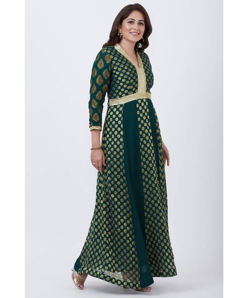 Green Banarsi Plunging Neckline Floor length Kurti