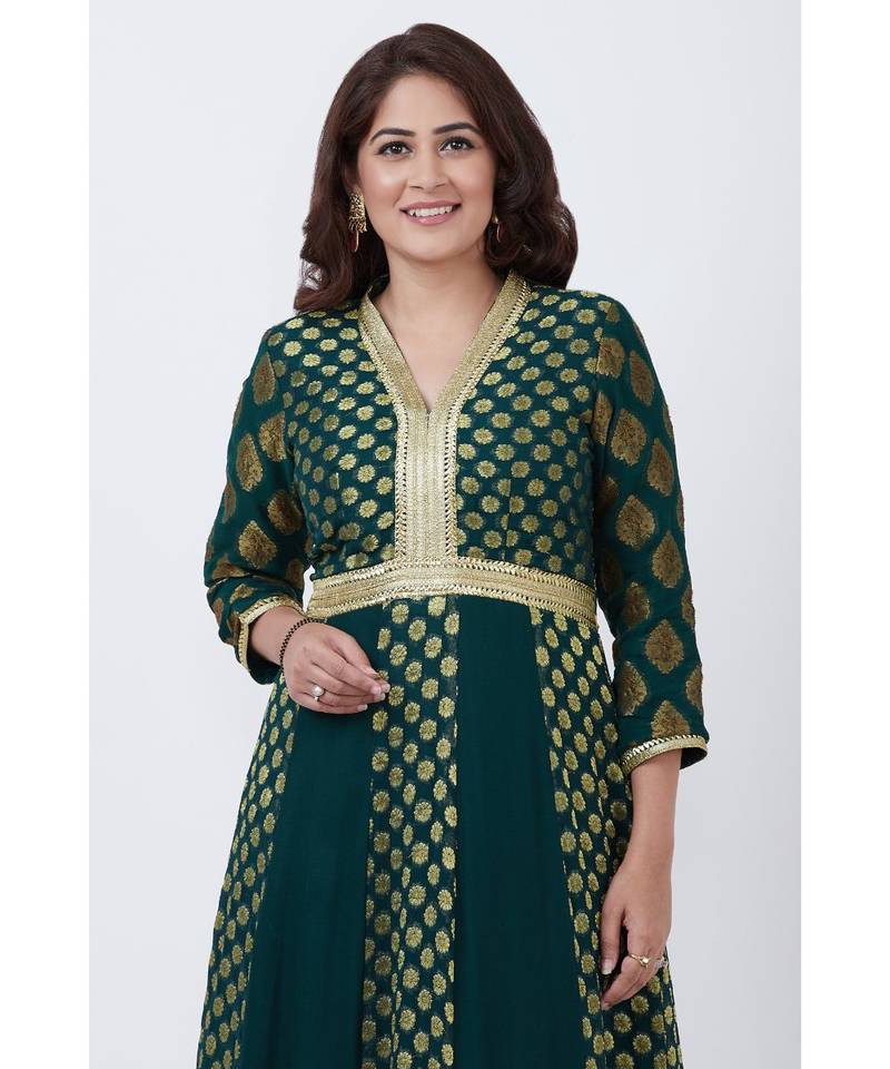 Green Banarsi Plunging Neckline Floor length Kurti