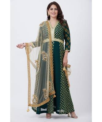 Green Banarsi Plunging Neckline Floor length Kurti with Gold Paisley Net Dupatta 1