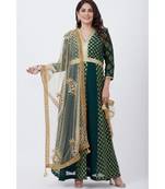Green Banarsi Plunging Neckline Floor length Kurti with Gold Paisley Net Dupatta