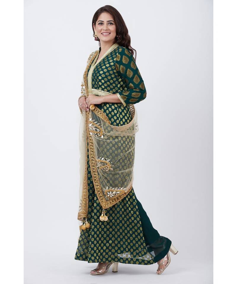 Green Banarsi Plunging Neckline Floor length Kurti with Gold Paisley Net Dupatta
