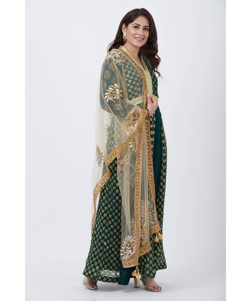 Green Banarsi Plunging Neckline Floor length Kurti with Gold Paisley Net Dupatta