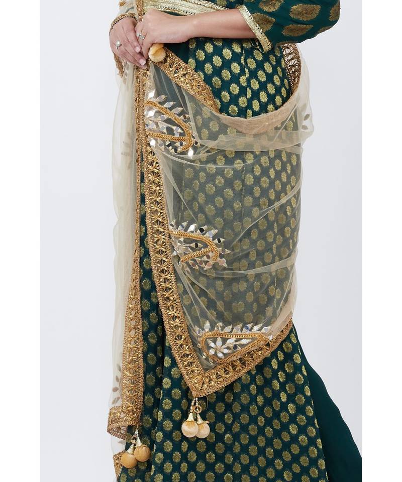 Green Banarsi Plunging Neckline Floor length Kurti with Gold Paisley Net Dupatta