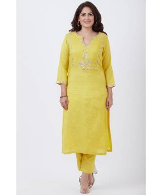 Lime Yellow Gotta Embroided kurti with Pants 1