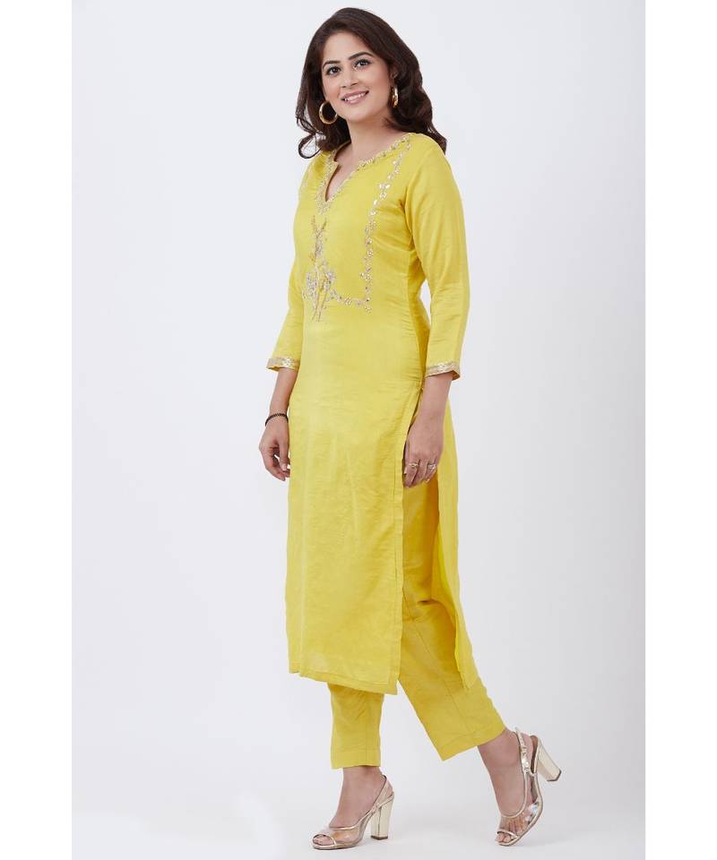 Lime Yellow Gotta Embroided kurti with Pants