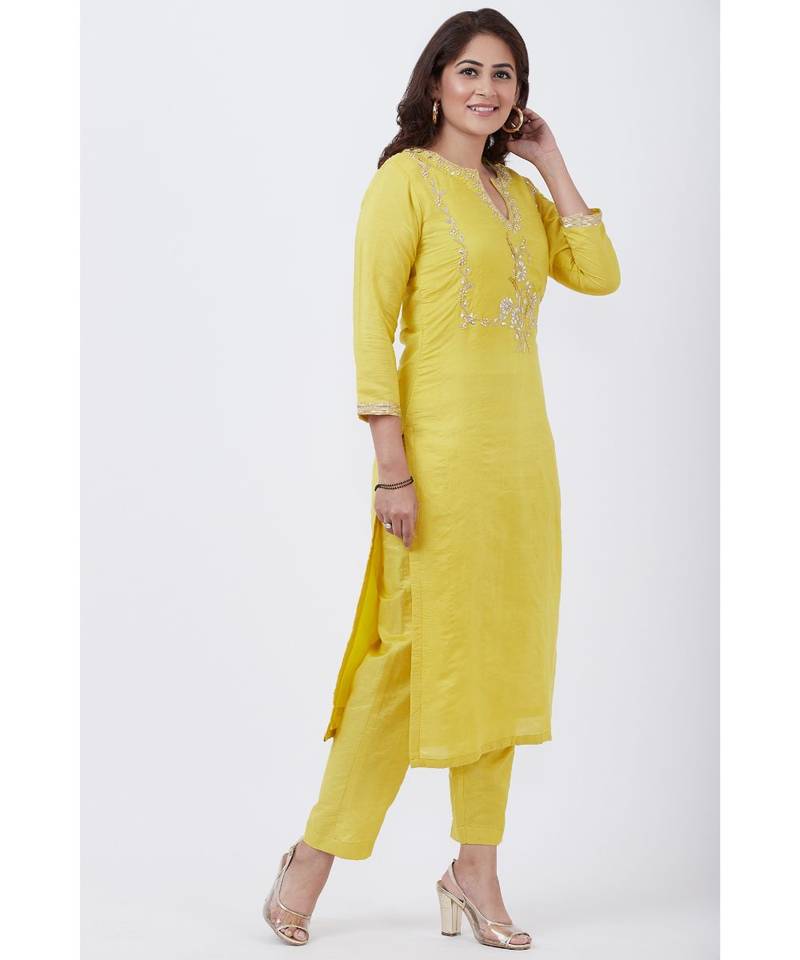 Lime Yellow Gotta Embroided kurti with Pants