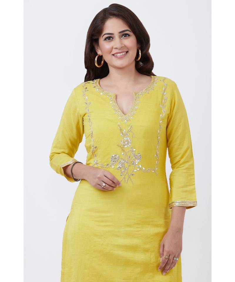 Lime Yellow Gotta Embroided kurti with Pants