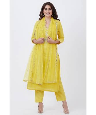 Lime Yellow Gotta Embroided kurti with Pants and Net Sequins Dupatta 1