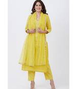 Lime Yellow Gotta Embroided kurti with Pants and Net Sequins Dupatta