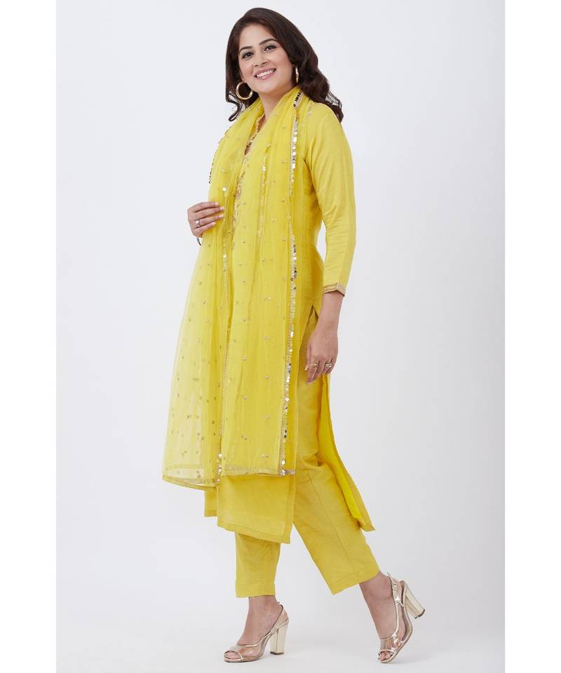 Lime Yellow Gotta Embroided kurti with Pants and Net Sequins Dupatta