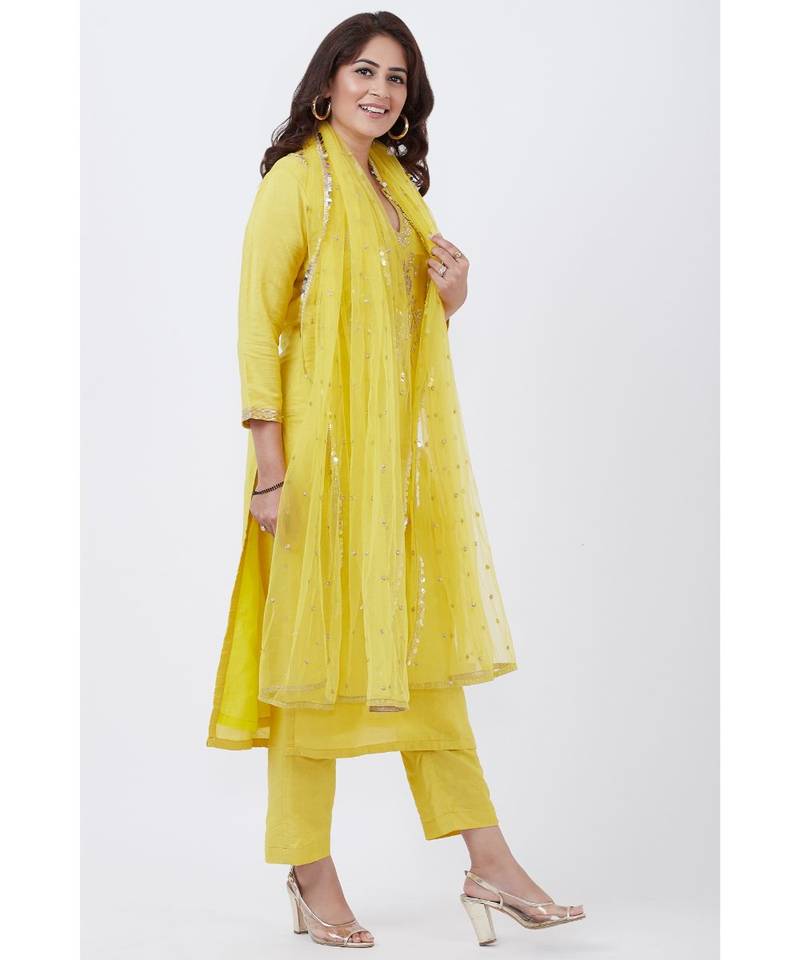 Lime Yellow Gotta Embroided kurti with Pants and Net Sequins Dupatta