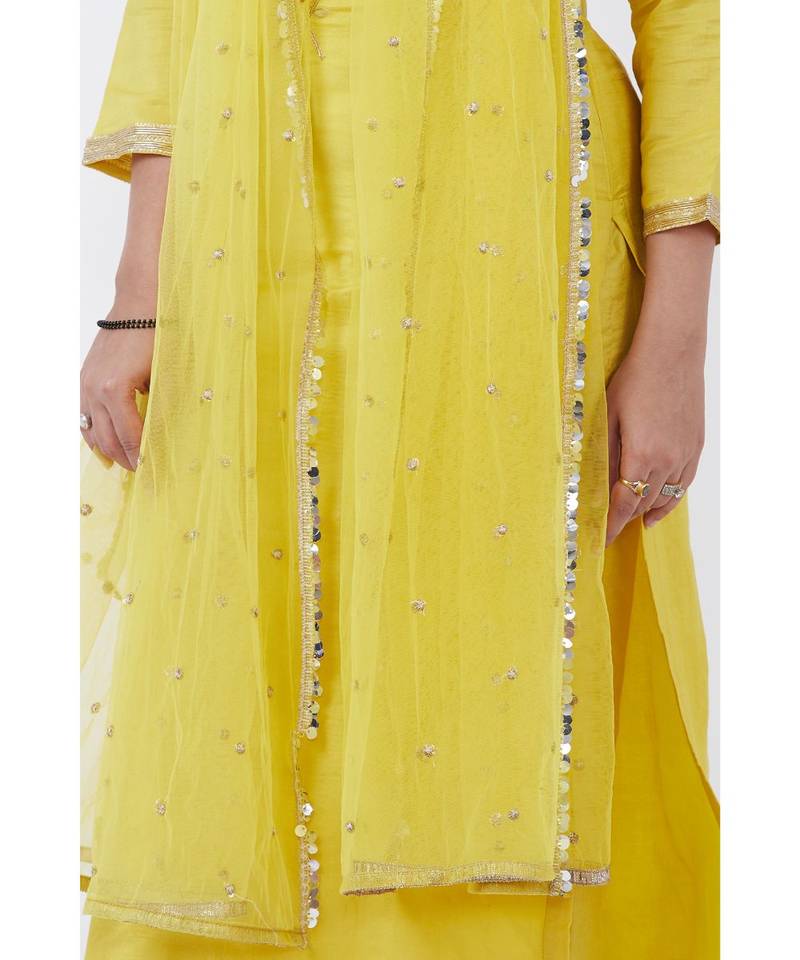 Lime Yellow Gotta Embroided kurti with Pants and Net Sequins Dupatta