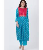 Teal Blue and Pink Khadhi Gathered Kurti with Pants