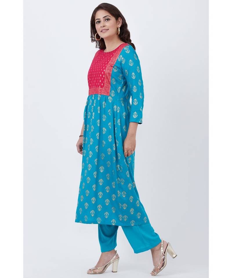 Teal Blue and Pink Khadhi Gathered Kurti with Pants
