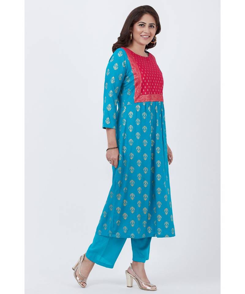 Teal Blue and Pink Khadhi Gathered Kurti with Pants