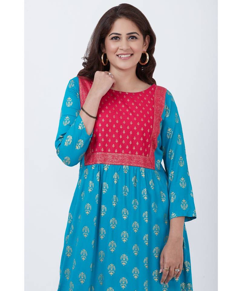 Teal Blue and Pink Khadhi Gathered Kurti with Pants