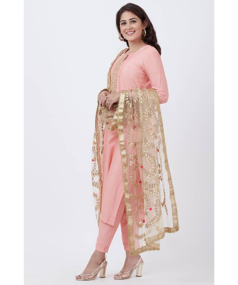 Peach Gotta Patti Floral Kurti with Pants and Gotta Patti Chiffon Dupatta