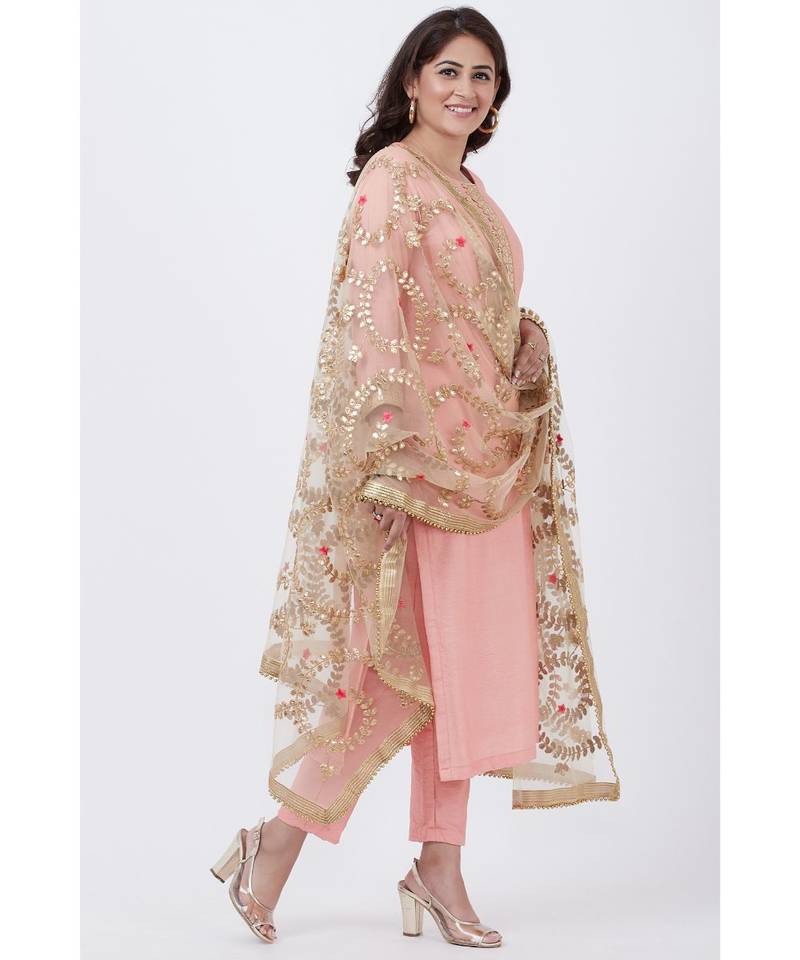 Peach Gotta Patti Floral Kurti with Pants and Gotta Patti Chiffon Dupatta