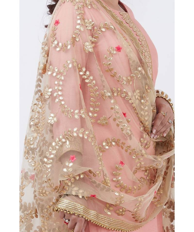 Peach Gotta Patti Floral Kurti with Pants and Gotta Patti Chiffon Dupatta