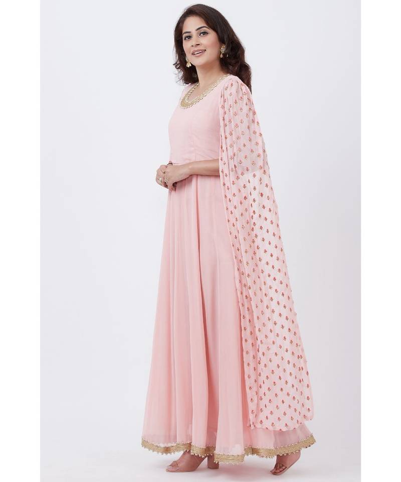 Blush Pink Embroidered Cape Sleeves Floorlength