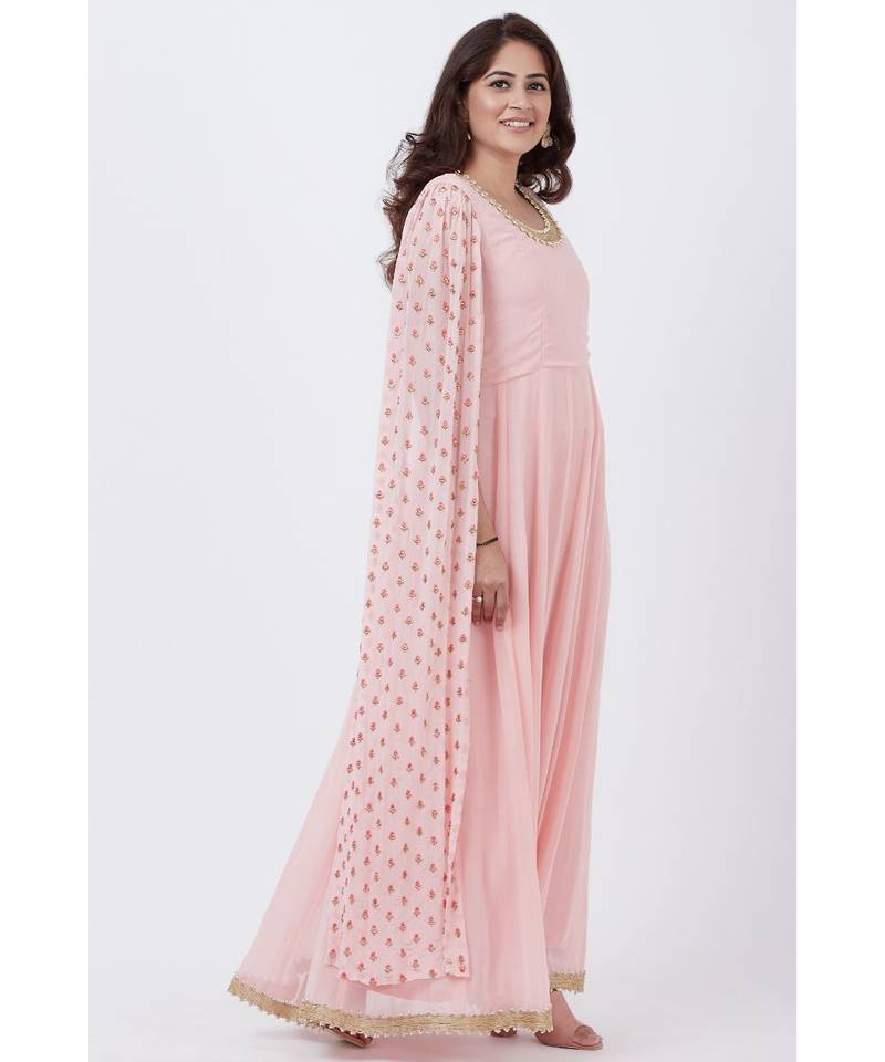 Blush Pink Embroidered Cape Sleeves Floorlength